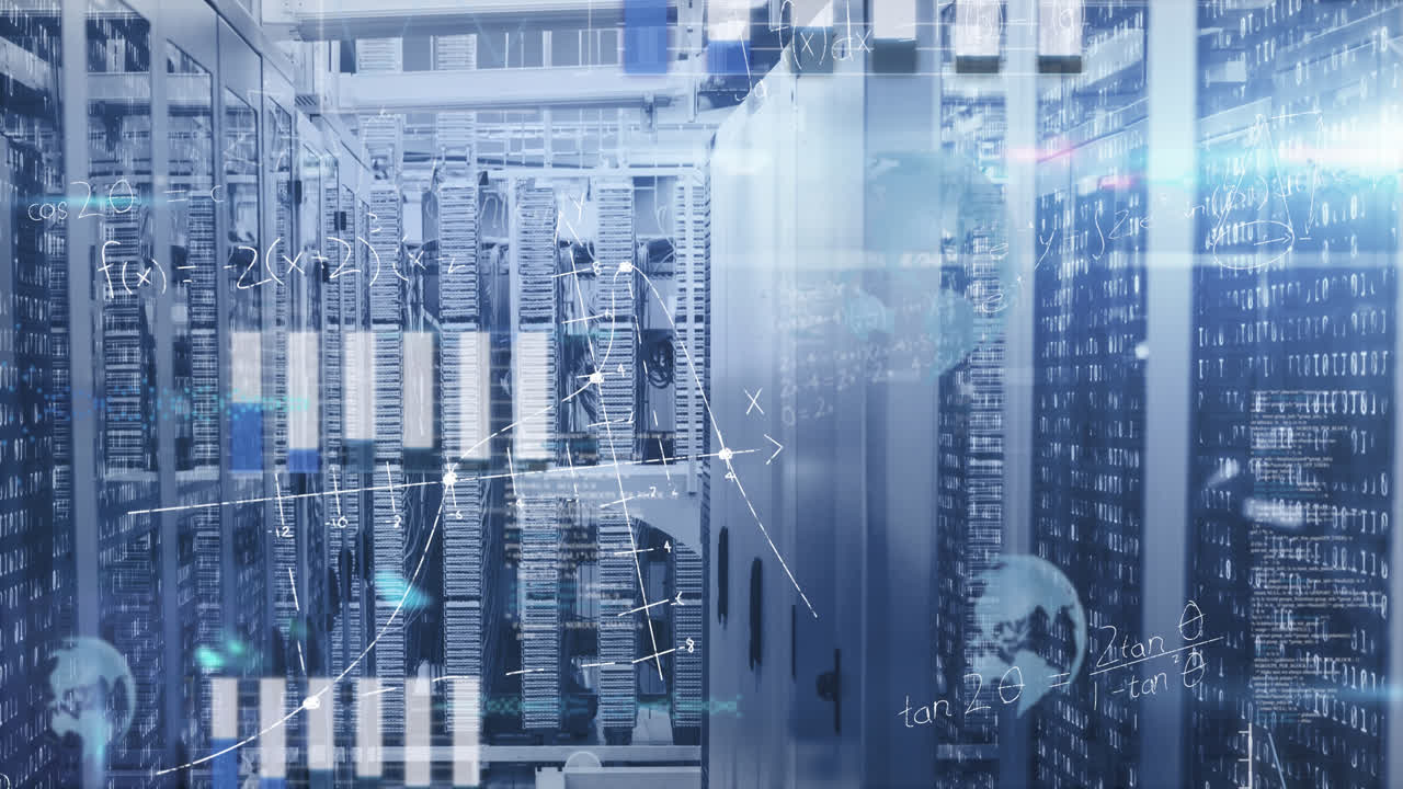 Animation of mathematical equations and data processing against computer server room