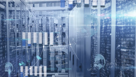 animation of mathematical equations and data processing against computer server room