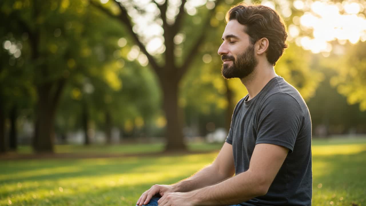 A Peaceful Moment in Nature: A Man Meditating in a Serene Park Setting Surrounded by Lush Greenery and Sunlight