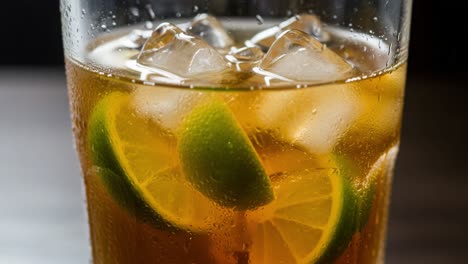 a refreshing beverage in a clear glass with ice cubes and lime slices, perfectly captured to highlight its zesty vibrance and inviting appeal