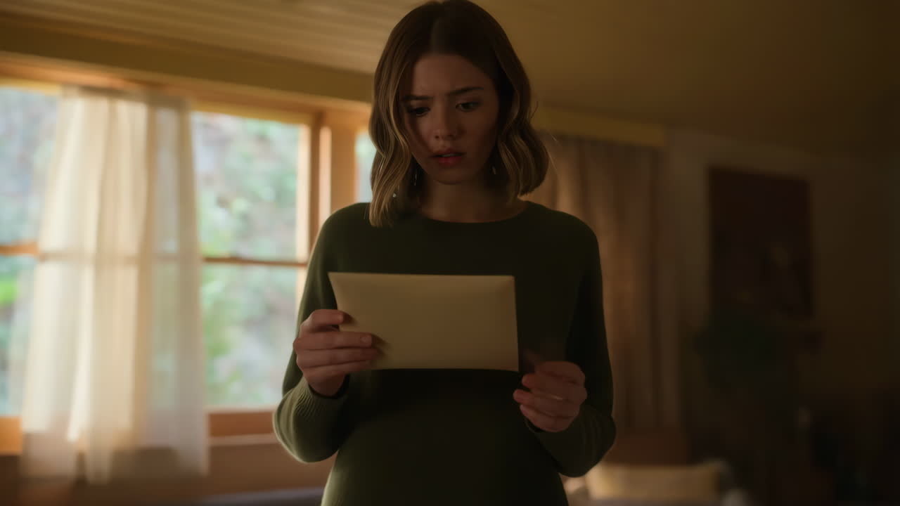 Uma mulher segurando um envelope com uma expressão de surpresa