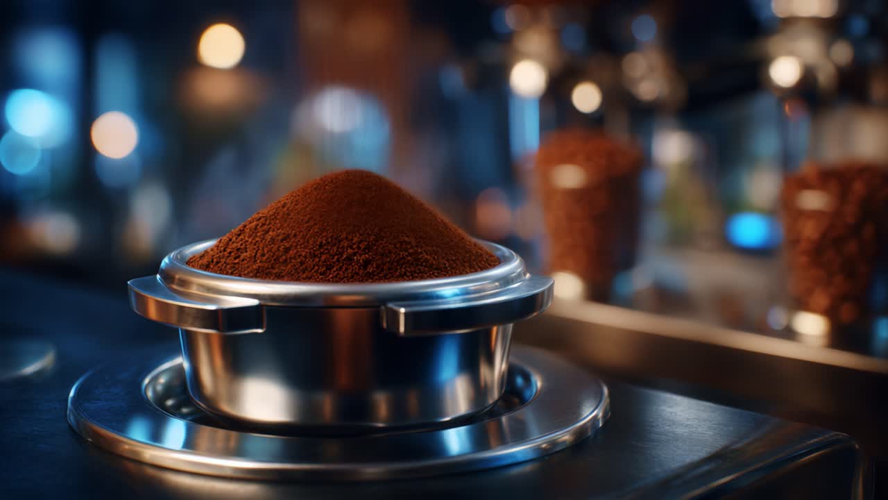 Una tazza fumante di caffè macinato illustra il ricco aroma e la consistenza dei chicchi di caffè appena preparati in un ambiente moderno da bar con sfondo sfocato