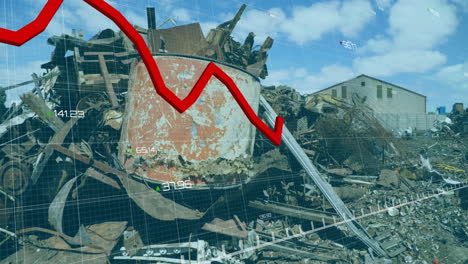 animation of red line and financial data processing over wasteland