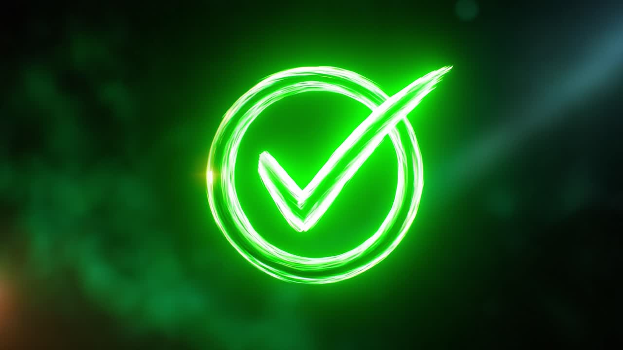 A vibrant green check mark symbol glowing within a circular frame, representing approval and success, set against a blurred background of soft green and black hues