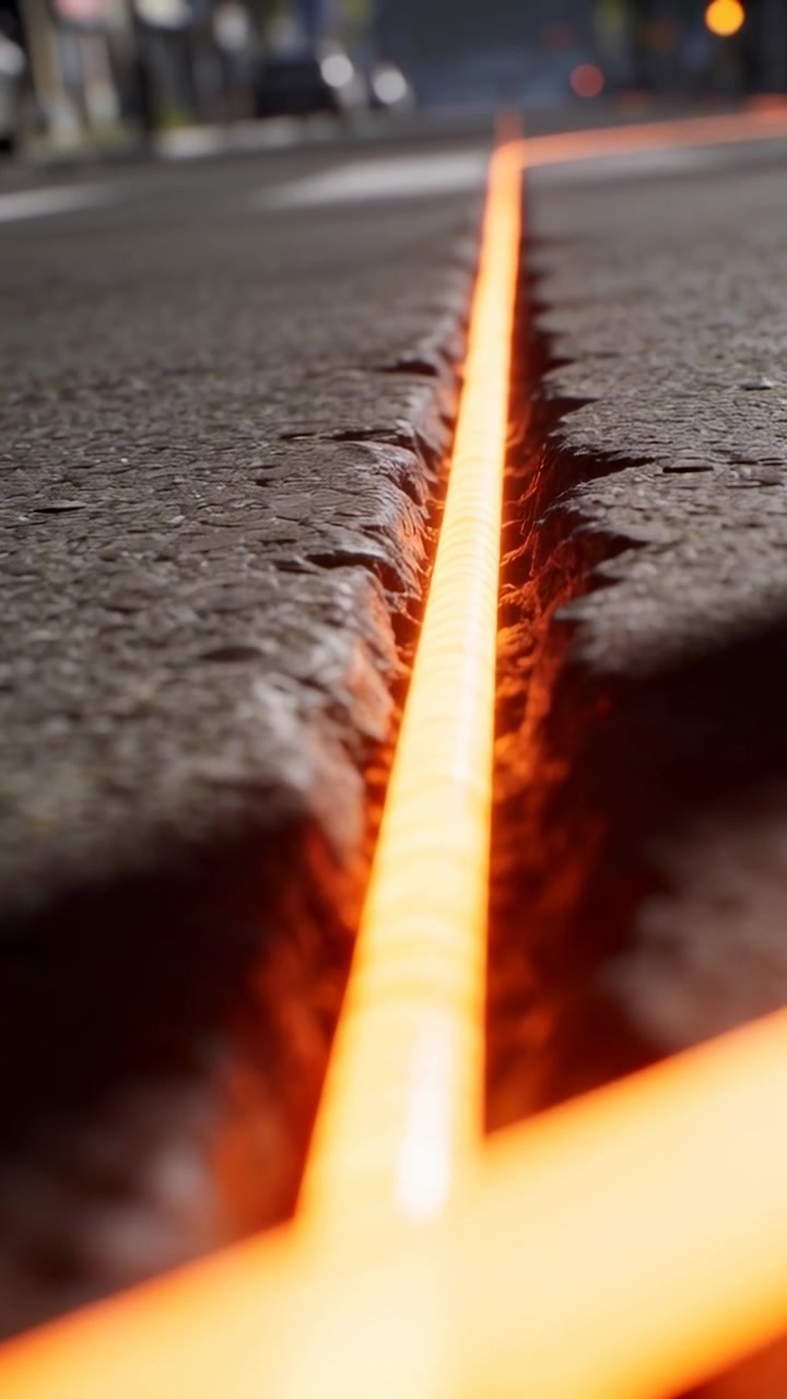 Video verticale: La telecamera si sposta, centrando una striscia arancione luminosa in una crepa dell'asfalto di notte, mostrando un fascio di luce.
