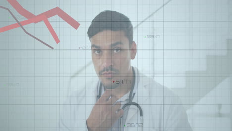 male doctor analyzing digital health data in medical office, showing animated line graphs overlay