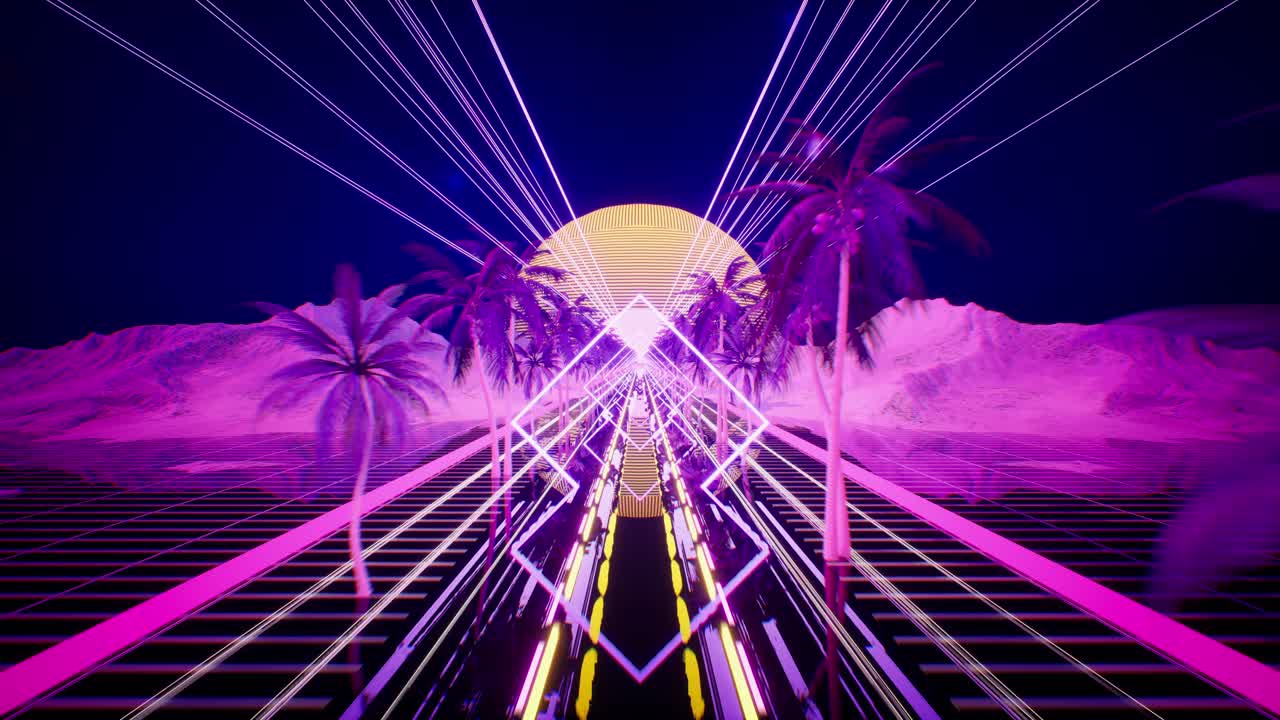 Luci al neon lampeggianti. Concetto di musica e discoteca. Sfondo synthwave in stile retrò anni '80.