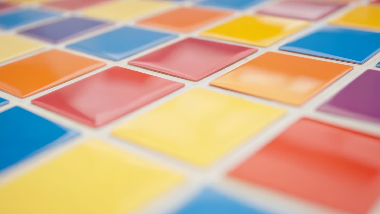 Revealing camera lens pulling focus and sliding on room floor showing glossy multicolored tiles