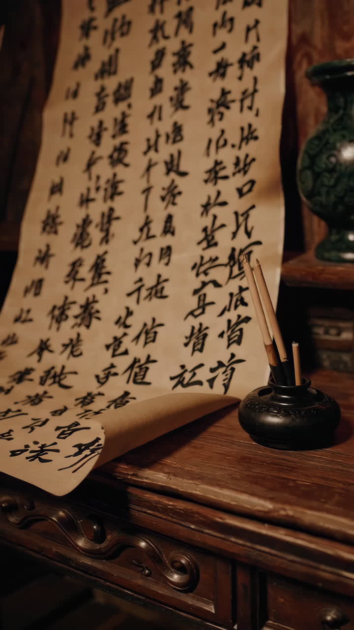 Ancient Chinese Calligraphy Scroll and Writing Tools