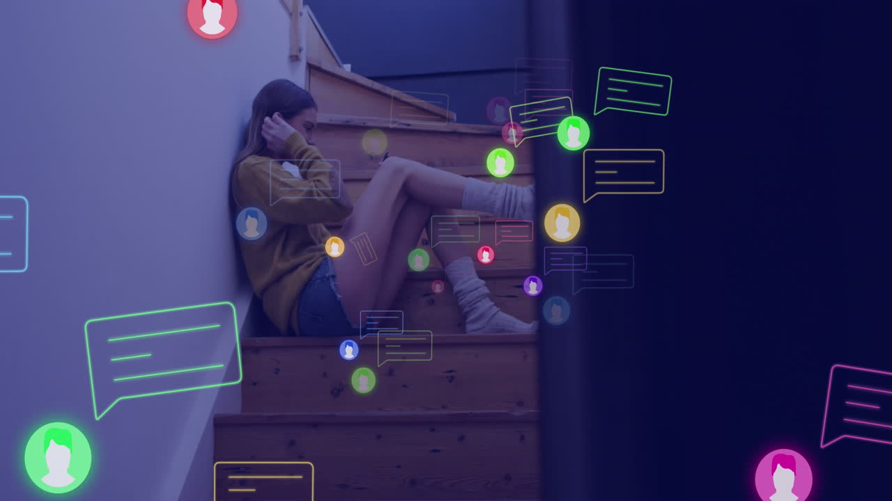 소셜 미디어 아이콘의 애니메이션과 스마트 폰을 사용하는 백인 여성에 대한 데이터 처리