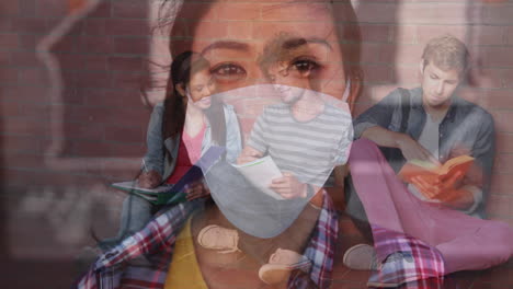 woman in face mask against college students studying