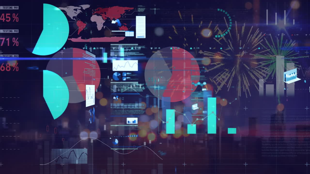animación de estadísticas y procesamiento de datos financieros sobre el paisaje urbano
