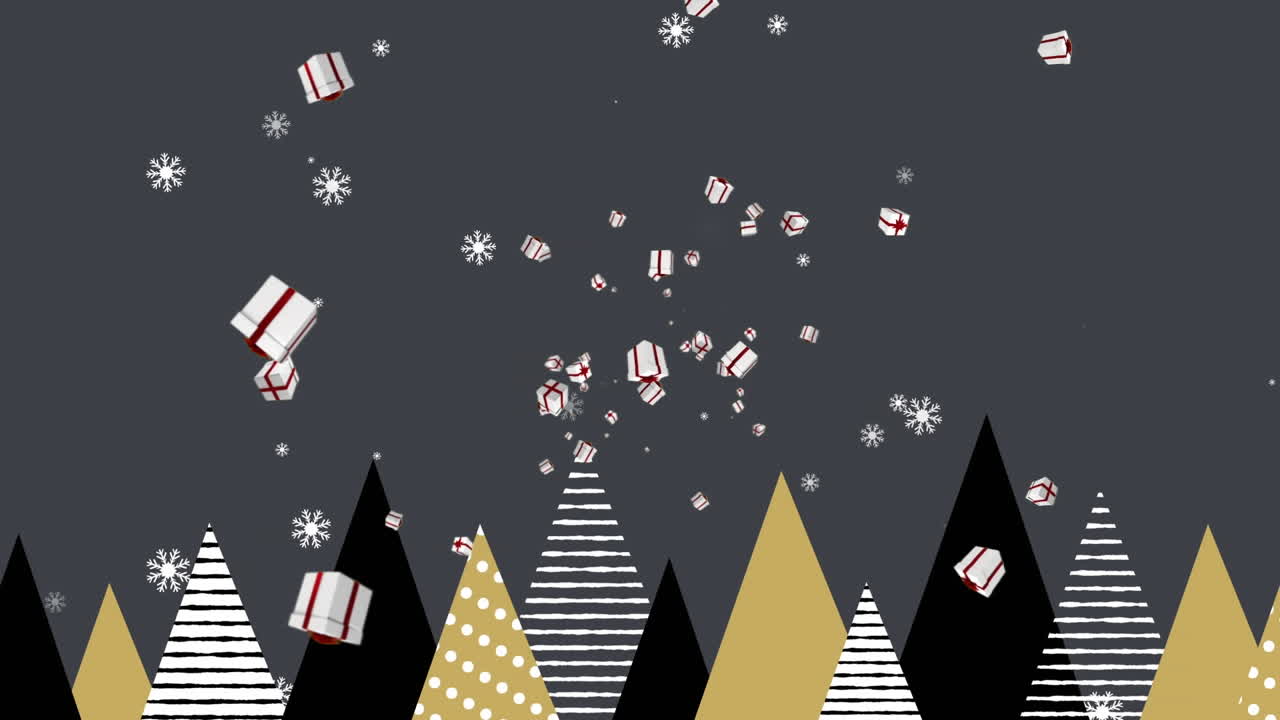 회색 바탕에 크리스마스 트리 위에 떨어지는 선물의 애니메이션