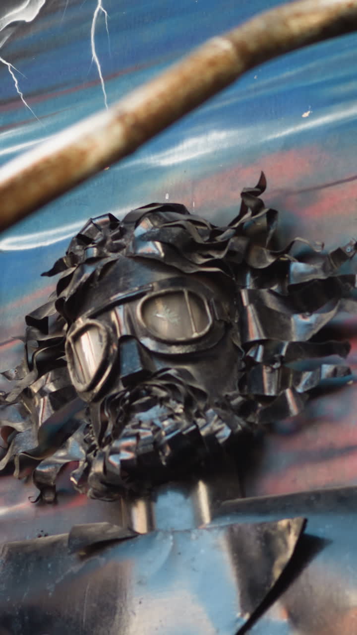 centinela con máscara de metal sobre pared pintada, gafas protectoras que captan la luz bajo una tubería oxidada y un mural de atardecer azul, componentes reciclados y remaches artesanales que crean un ambiente de arte callejero steampunk, instalación comunitaria