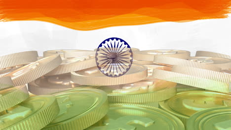 animation of flag of india over stack of gold coins