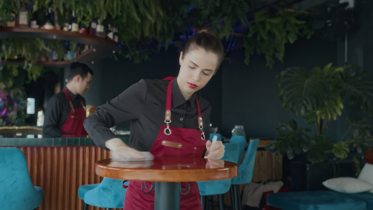 Caucasian Waitress Wiping Tables before Cafe Opening