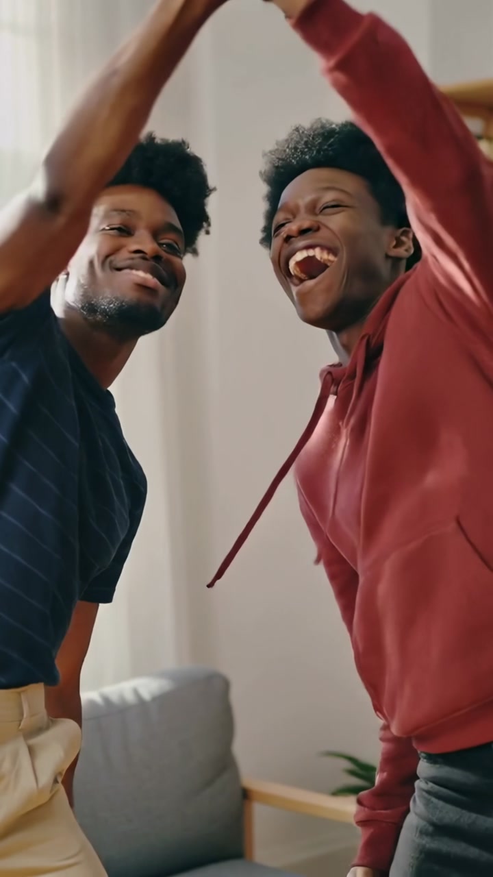 Vertical video: Camera taping pair celebrating high-five and leaning toward camera at home, hoodie