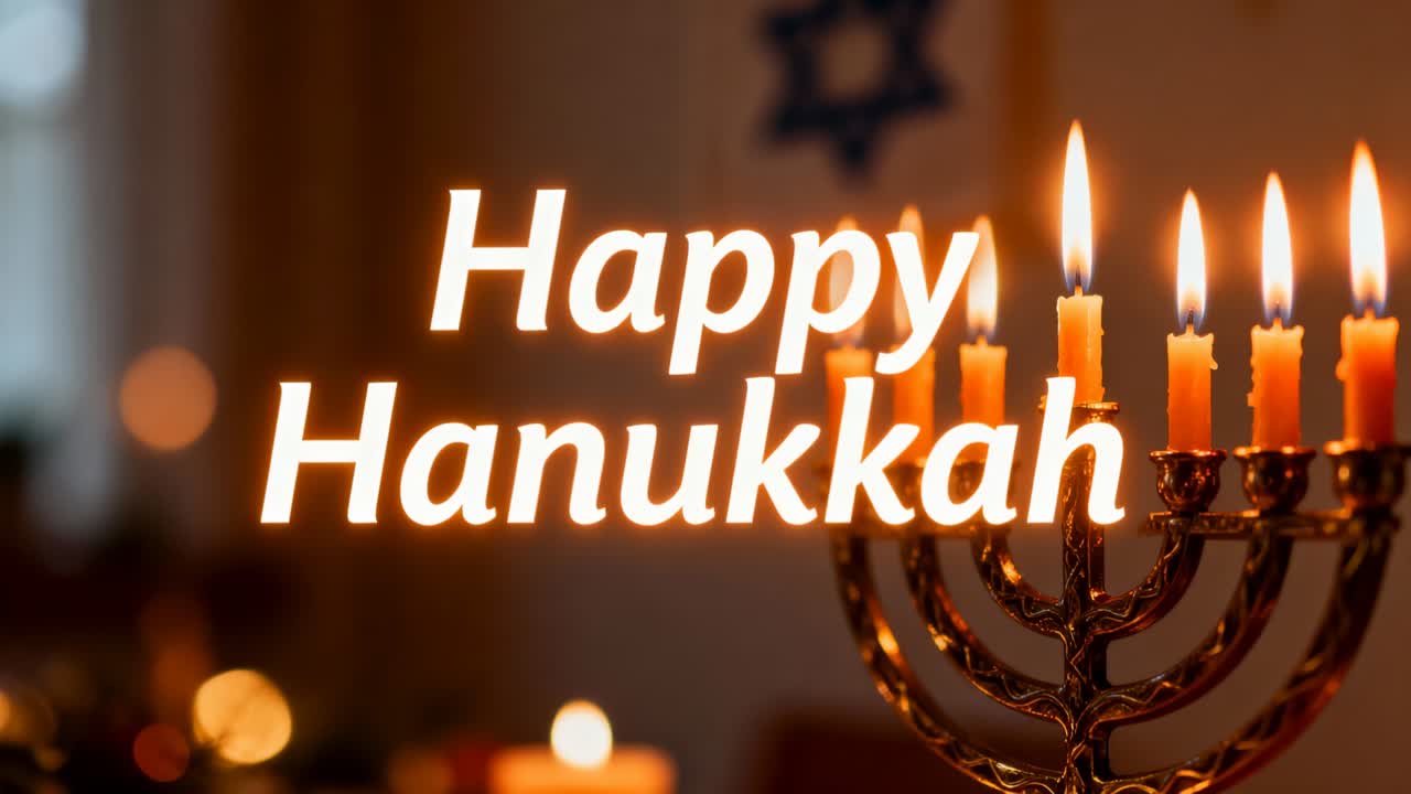 Flickering brass menorah at home, zoom boosting HappyHanukkah glow for holiday greeting, copy space