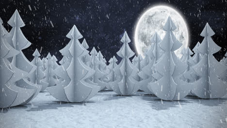 Animation-of-snow-falling-over-winter-night-landscape-with-fir-trees