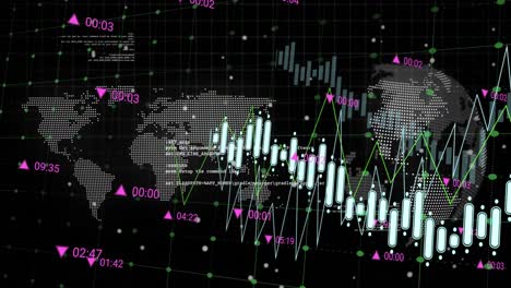 Animation-of-data-processing-over-spinning-globe-and-world-map-against-black-background