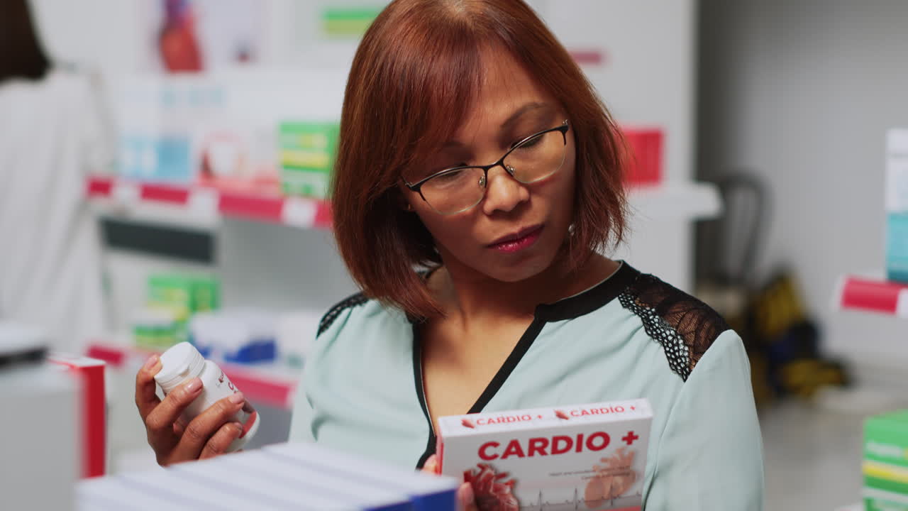 Woman examining medication in pharmacy