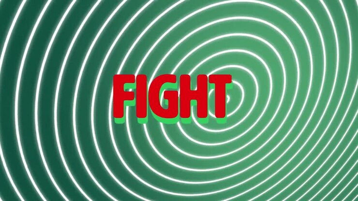 Animazione digitale di testo "fight" su sfondo verde a spirale