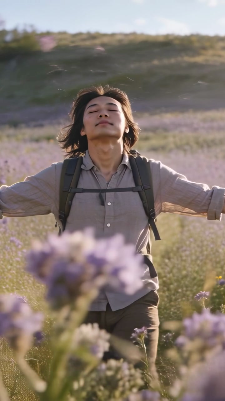 Vertical video: Walking man wearing backpack and shirt, warm sun urging inhaling in purple meadow