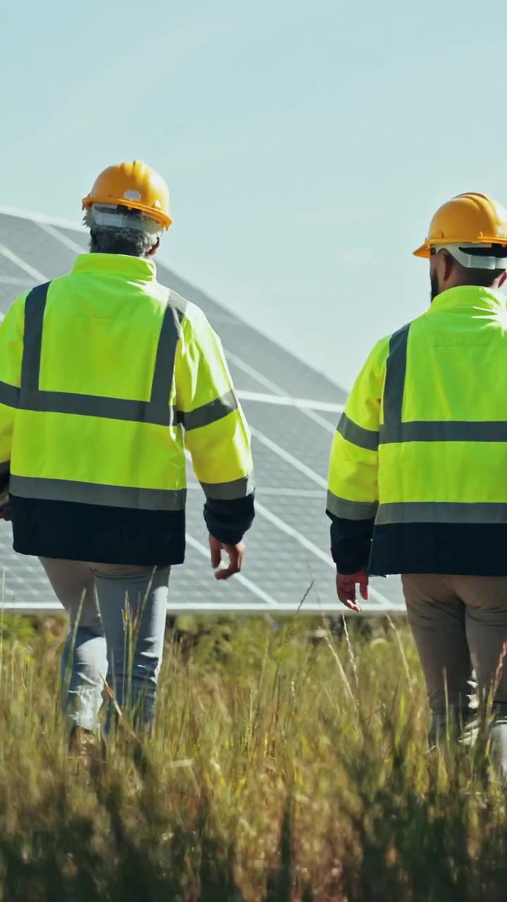 Engineers Walking Through Solar Farm Field