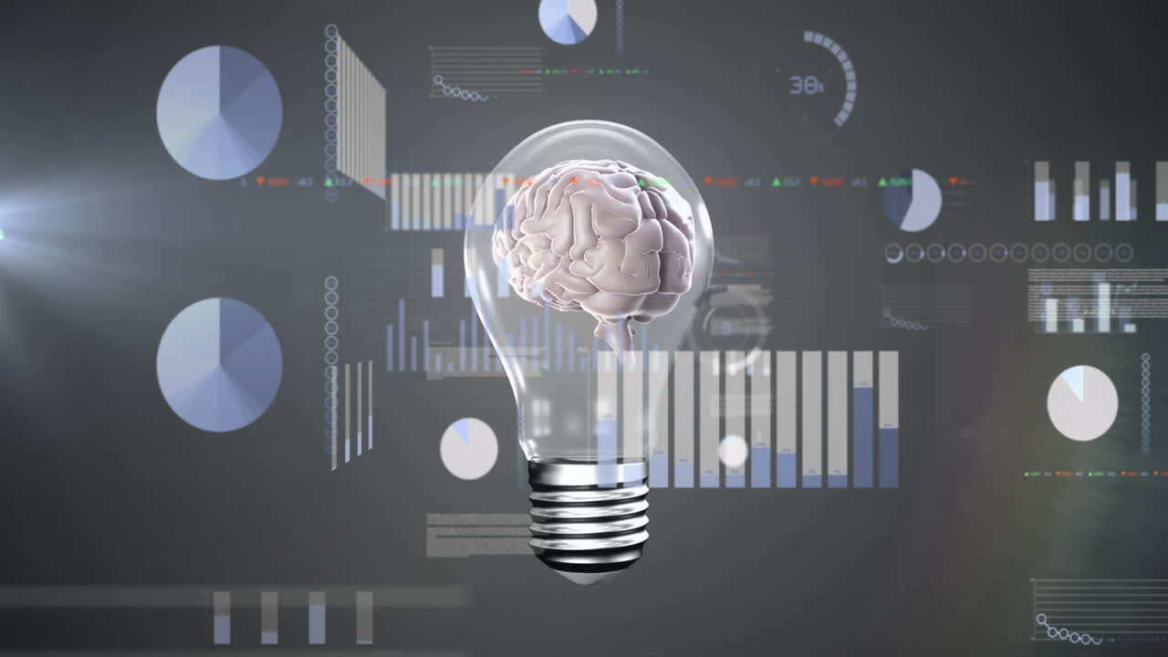 Animation of brain inside light bulb with data charts in school background