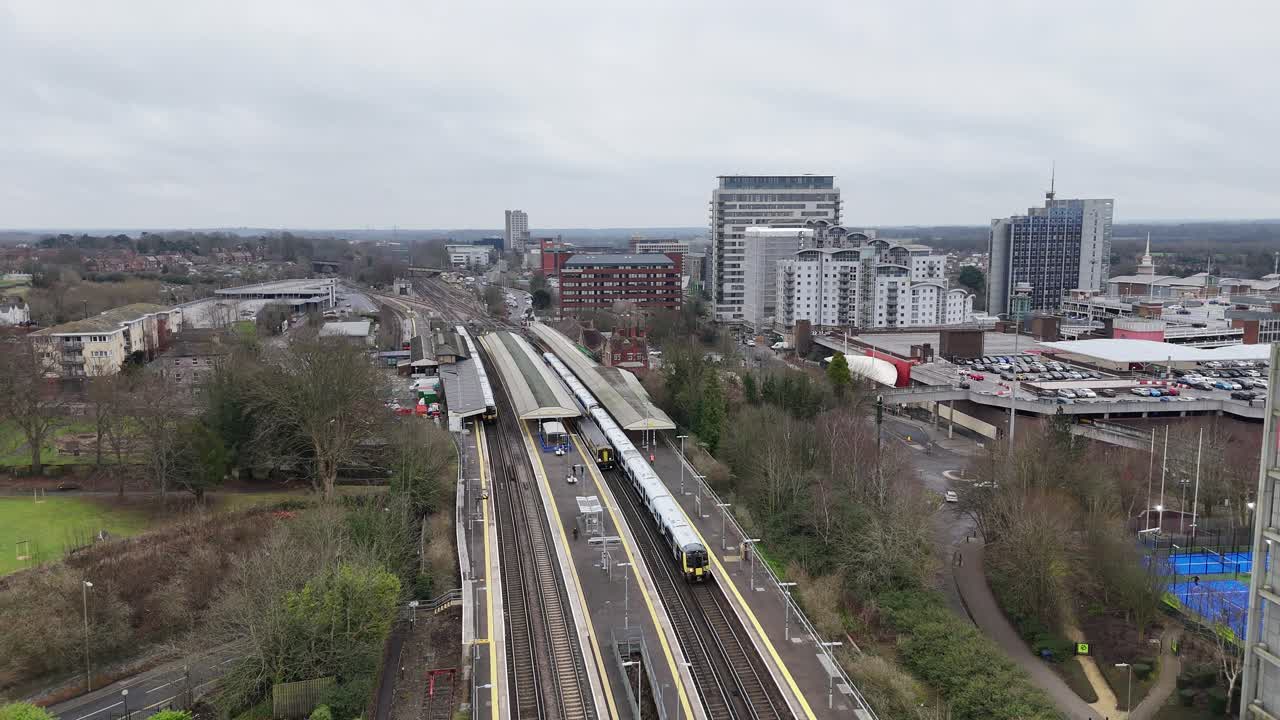 Aerial view Trains waiting at Basingstoke railway Station UK