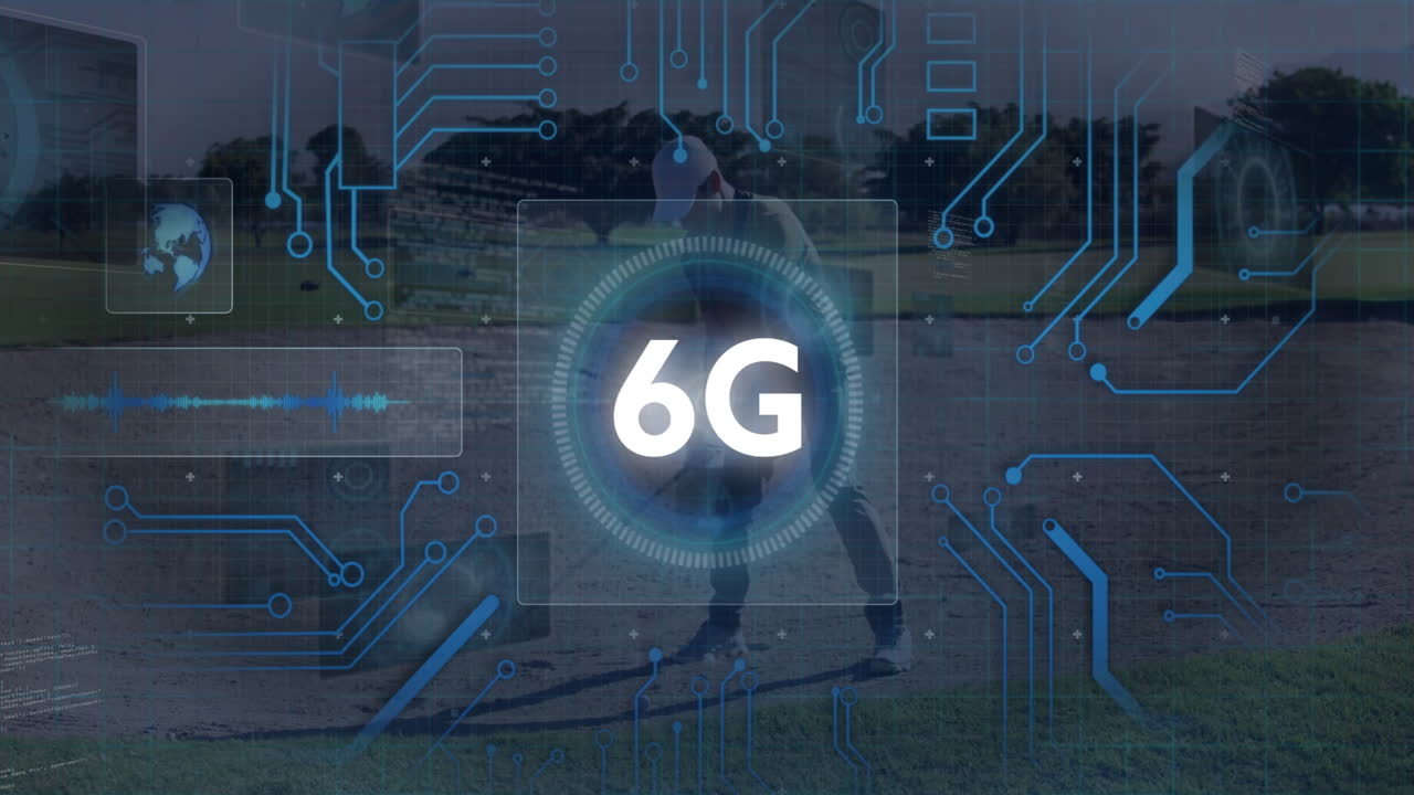6G technology concept with digital circuit animation over person playing baseball