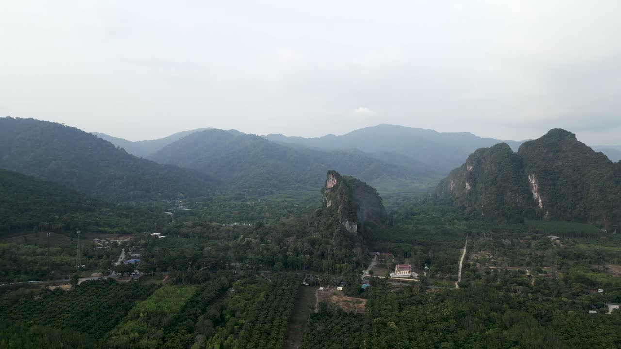 Aerial View of a Lush Green Tropical Valley with Karst Mountains