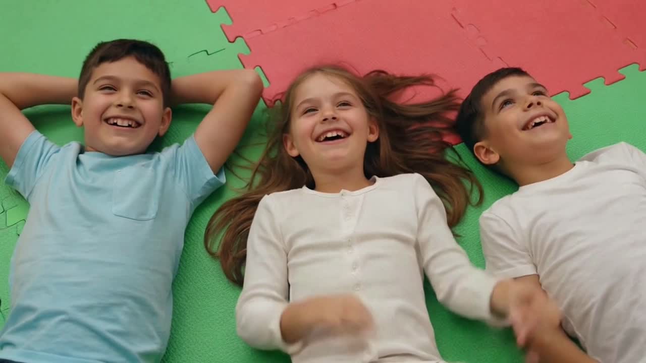 Tres niños felices riendo juntos en una alfombra colorida