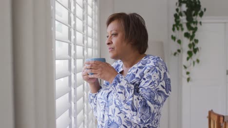 Glückliche-Afroamerikanische-Seniorin-Genießt-Es,-Eine-Tasse-Tee-Zu-Trinken-Und-Aus-Dem-Fenster-Zu-Schauen