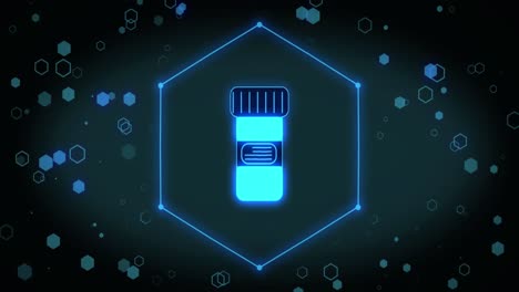 Animation-of-box-of-medicines-icon-over-hexagons-on-black-background