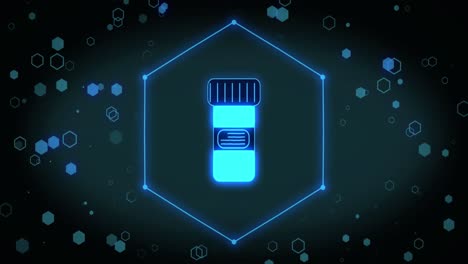animación del icono de la caja de medicamentos sobre hexágonos sobre fondo negro