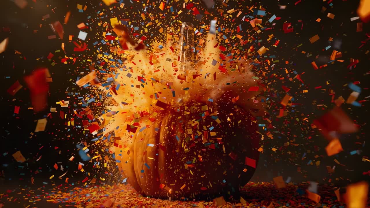 Erupting orange pumpkin after rod puncturing on studio table, releasing confetti and dust and seeds