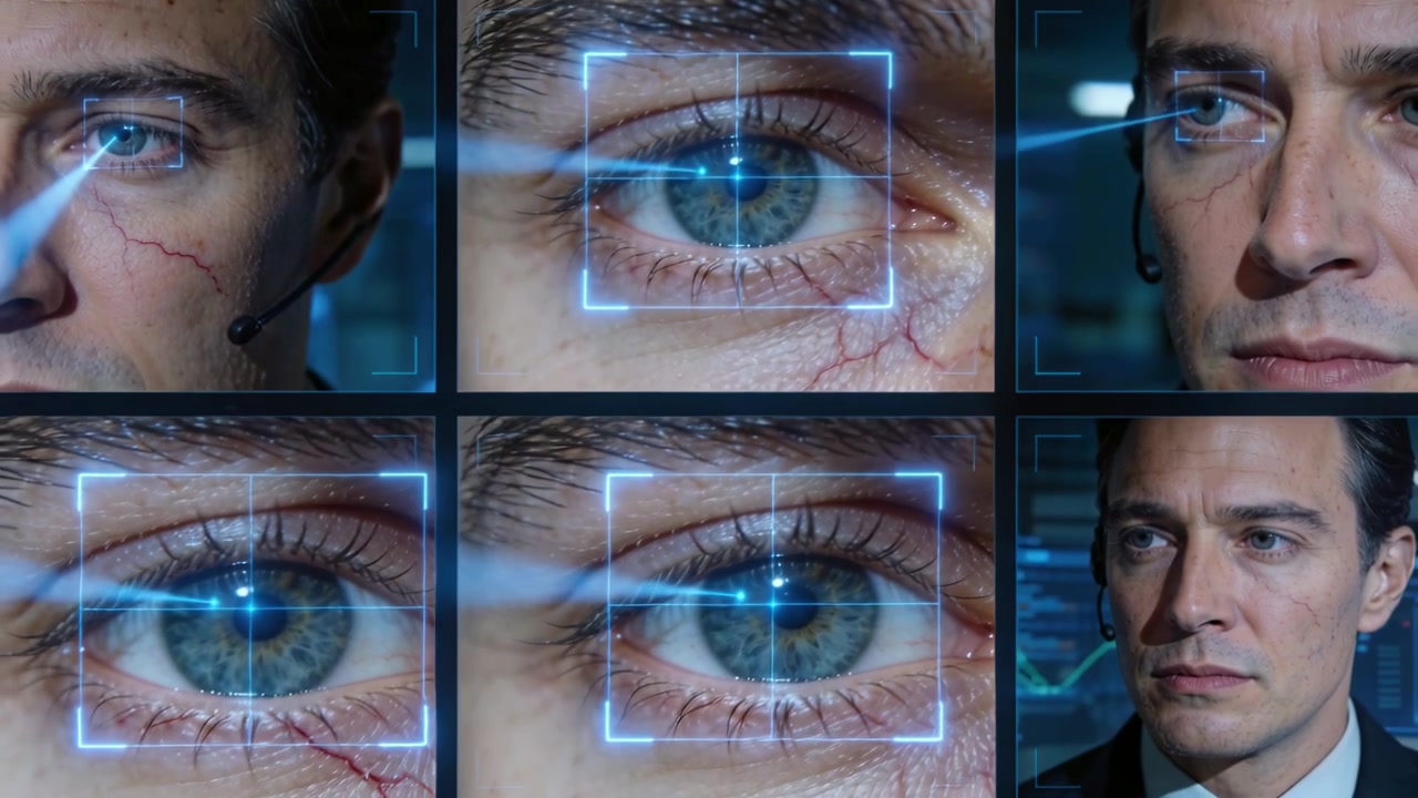Projecting blue beam, holo overlay scanning pupil on suit-clad man headset in control room for ID