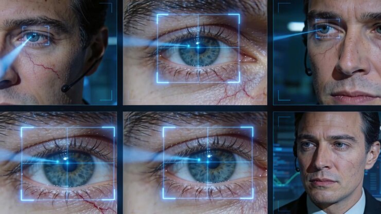 Projecting blue beam, holo overlay scanning pupil on suit-clad man headset in control room for ID