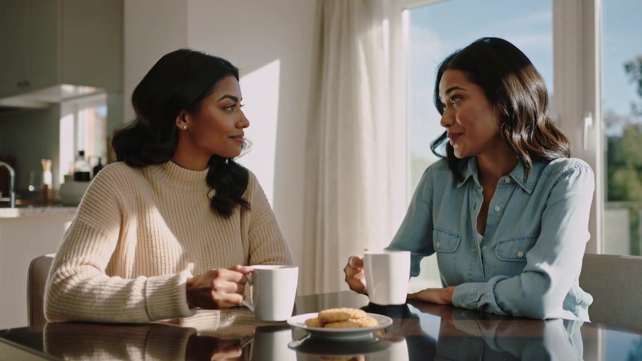Gesturing woman sparking catch-up with friend at home table lifting white mugs wearing cream knit