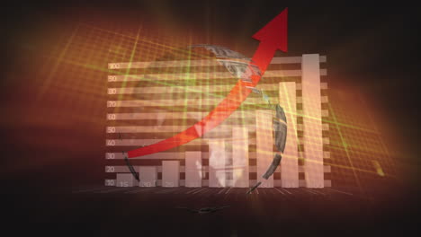 animación del globo del dólar girando sobre el gráfico con flecha roja y procesamiento de datos, sobre fondo oscuro