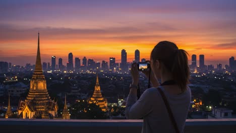capturing the aesthetic beauty of a dusk skyline: a photographer immersed in scenic views of city lights and cultural architecture against a vibrant sunset
