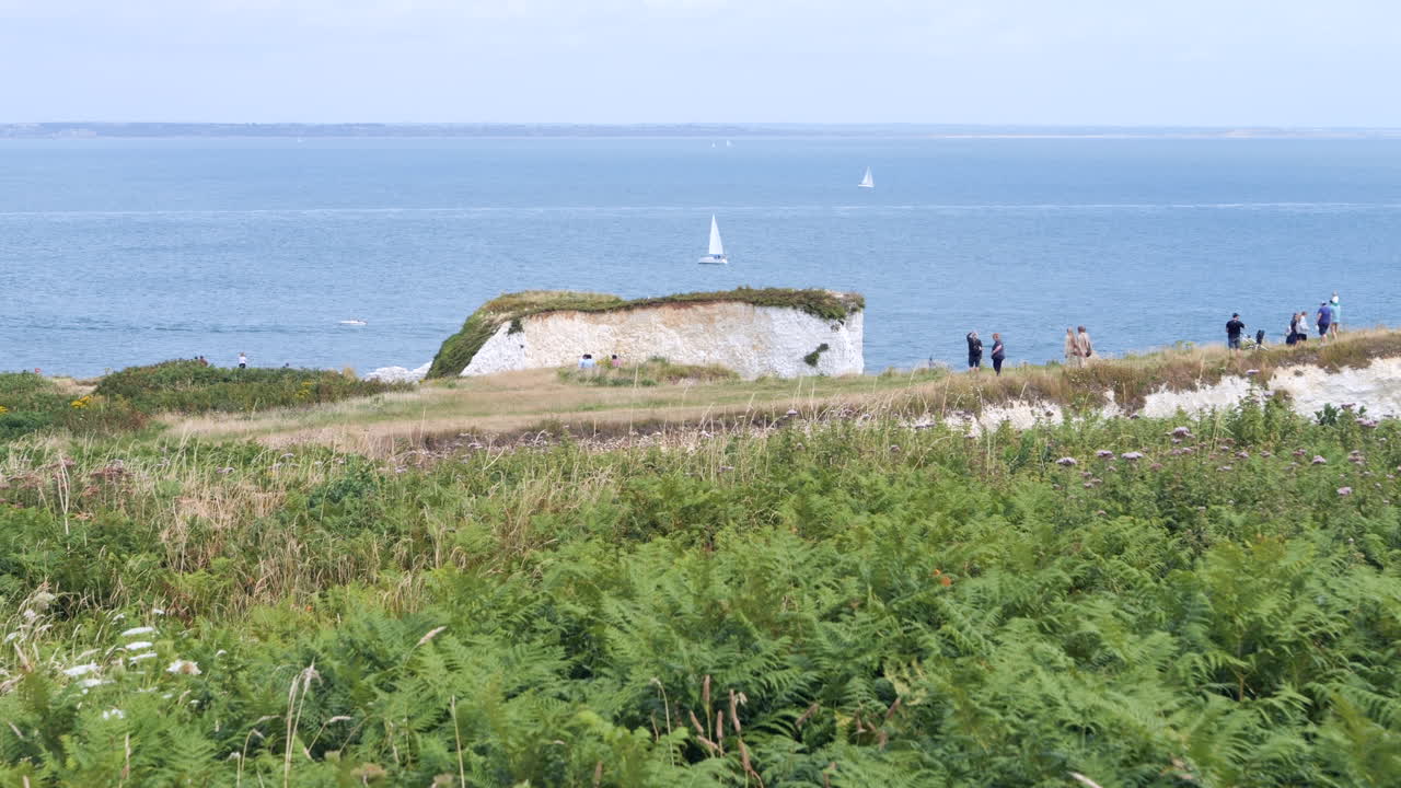 Tourists Visit White Cliffs of Jurassic Coast UK - Old Harry Rocks