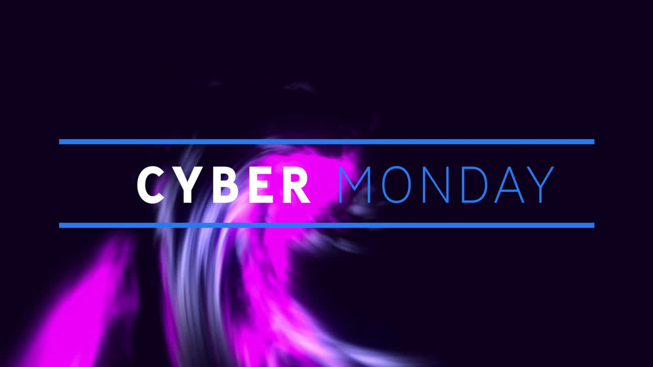 Animation of cyber monday text and purple shapes on black background