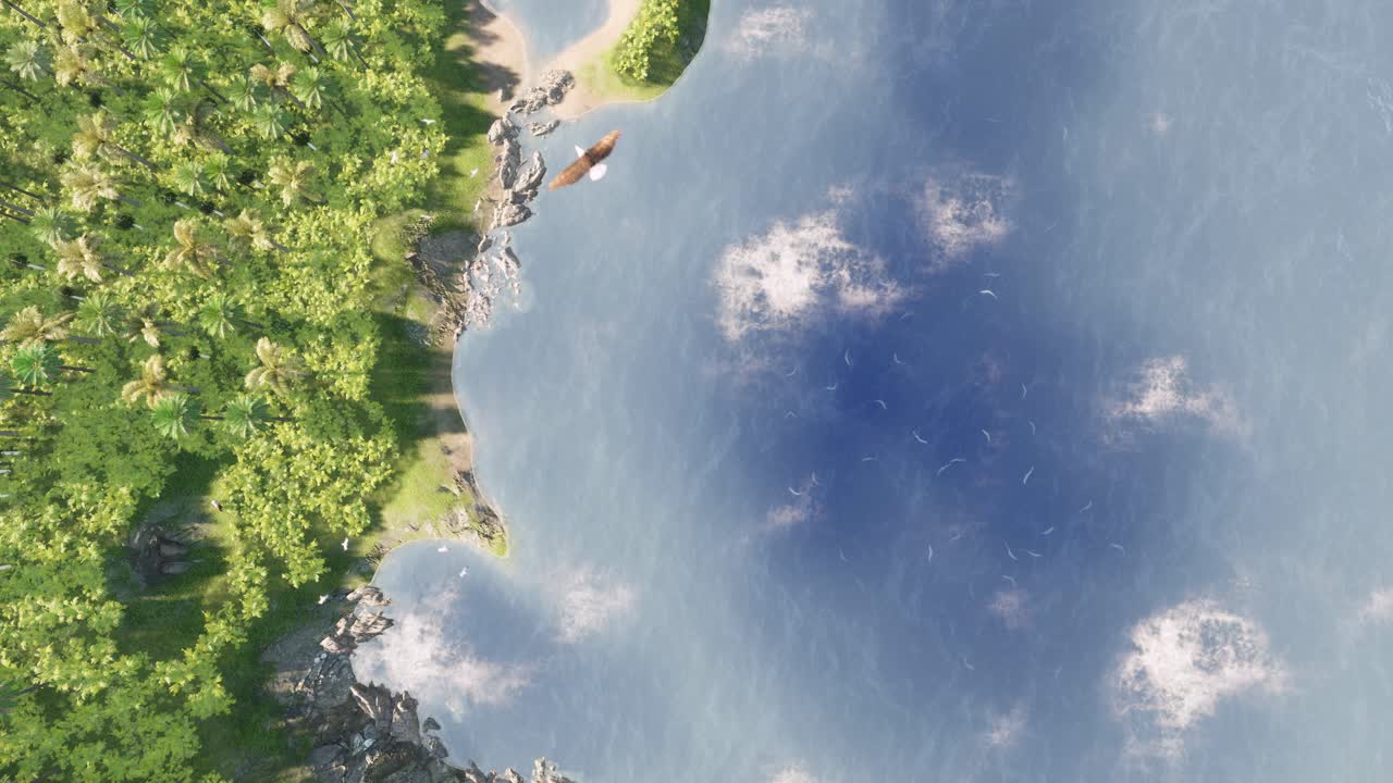 Tropical island, treasure Island shore, in the middle of the ocean with blue sea and waves, palm trees, ferns, seagulls flying in the sky, fish in the water, 3D animation top view zoom in