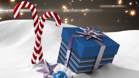 animación de nieve cayendo sobre dulces de navidad y presente en fondo gris