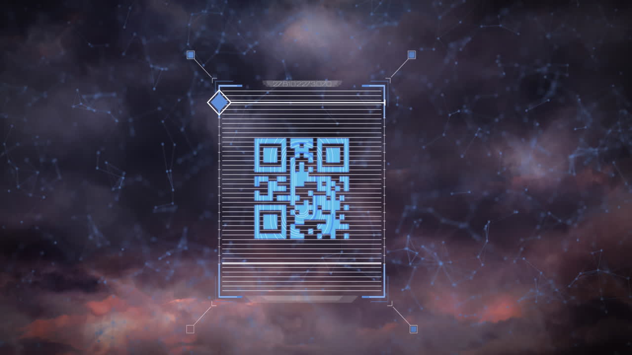 Animation of neon barcode scanner and network of connections against thunder and dark clouds