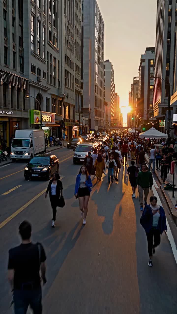 Street video captures bustling city life at sunset
