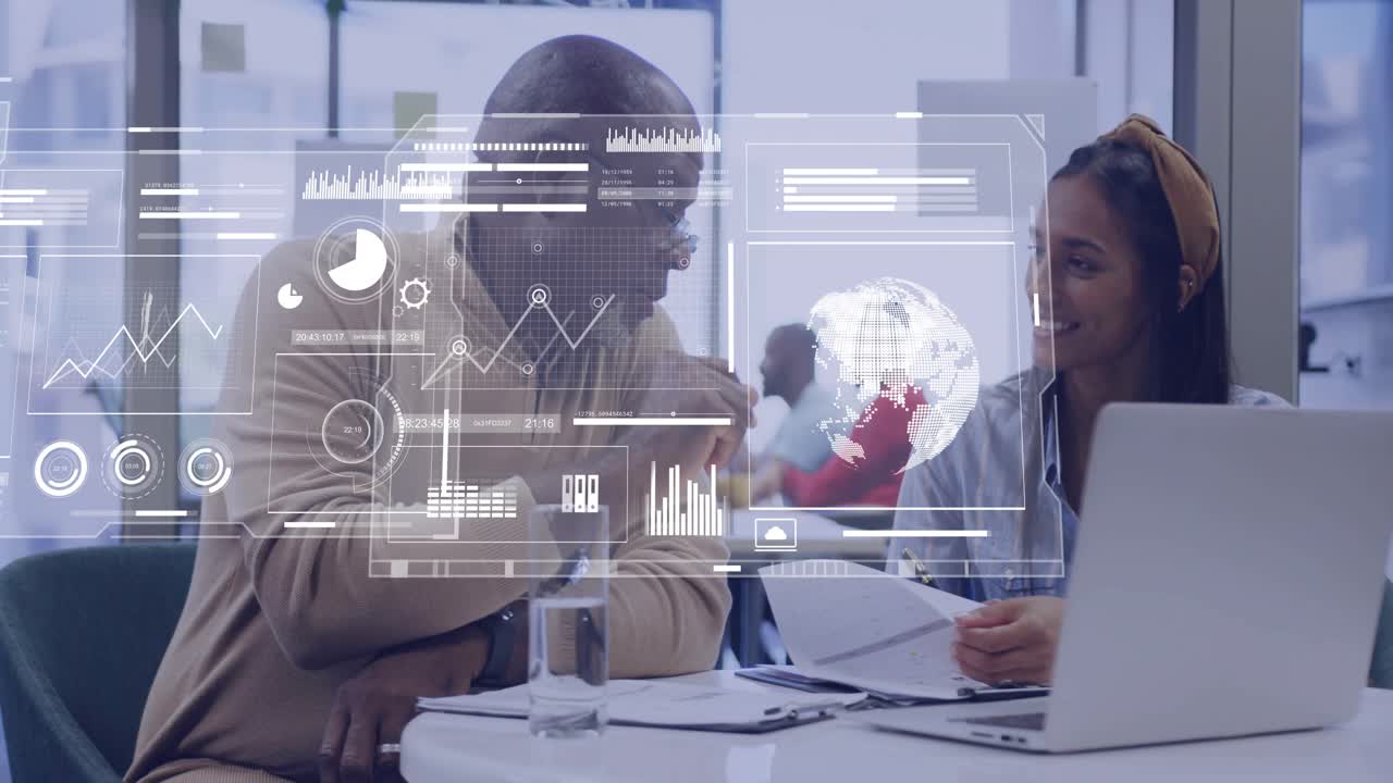 Senior advisor leaning in, woman pointing at paper, creating AR charts over laptop for business