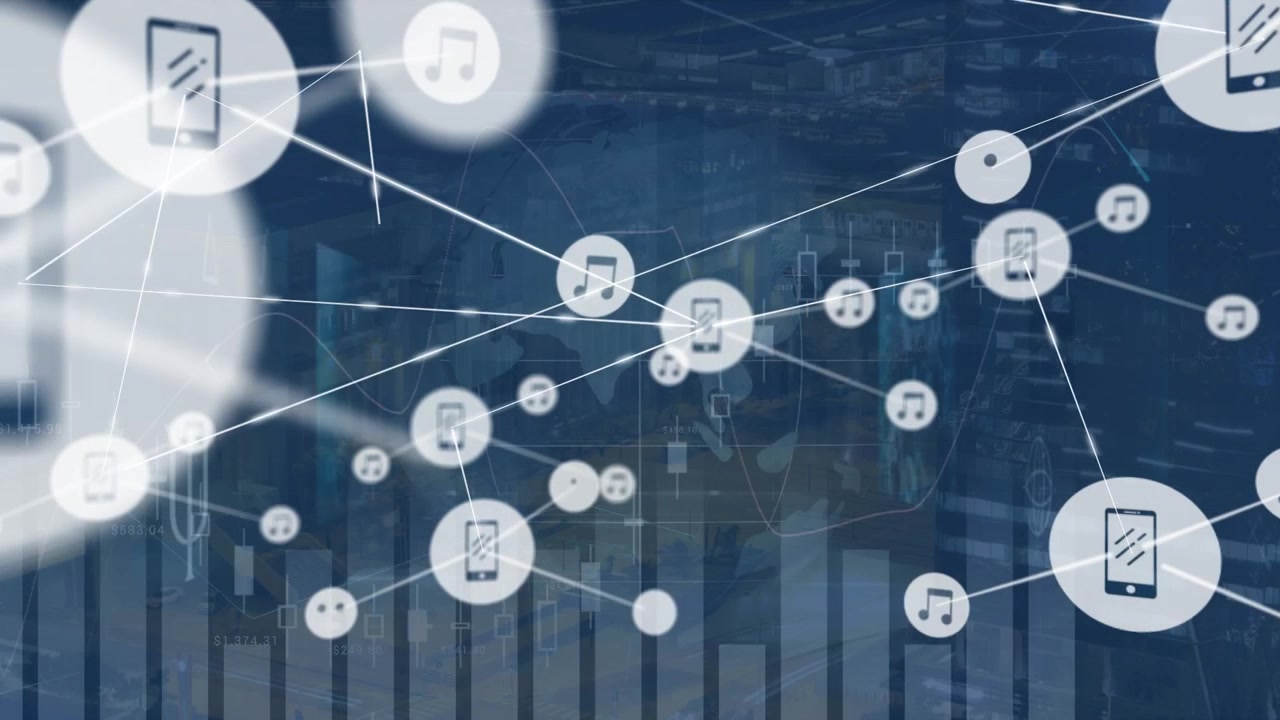 Animation of icons networking, globe and financial data processing